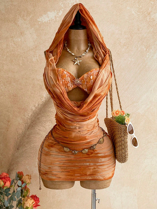 Soleia Women's Vacation Dress, Spring/Summer Romantic Sexy Vintage Music Festival Party Sequin Cowl Neck Hooded Sequin Bustier Mini Dress, Tropical Vacation, Date, Afternoon Tea, Beach, Cruise, Road T