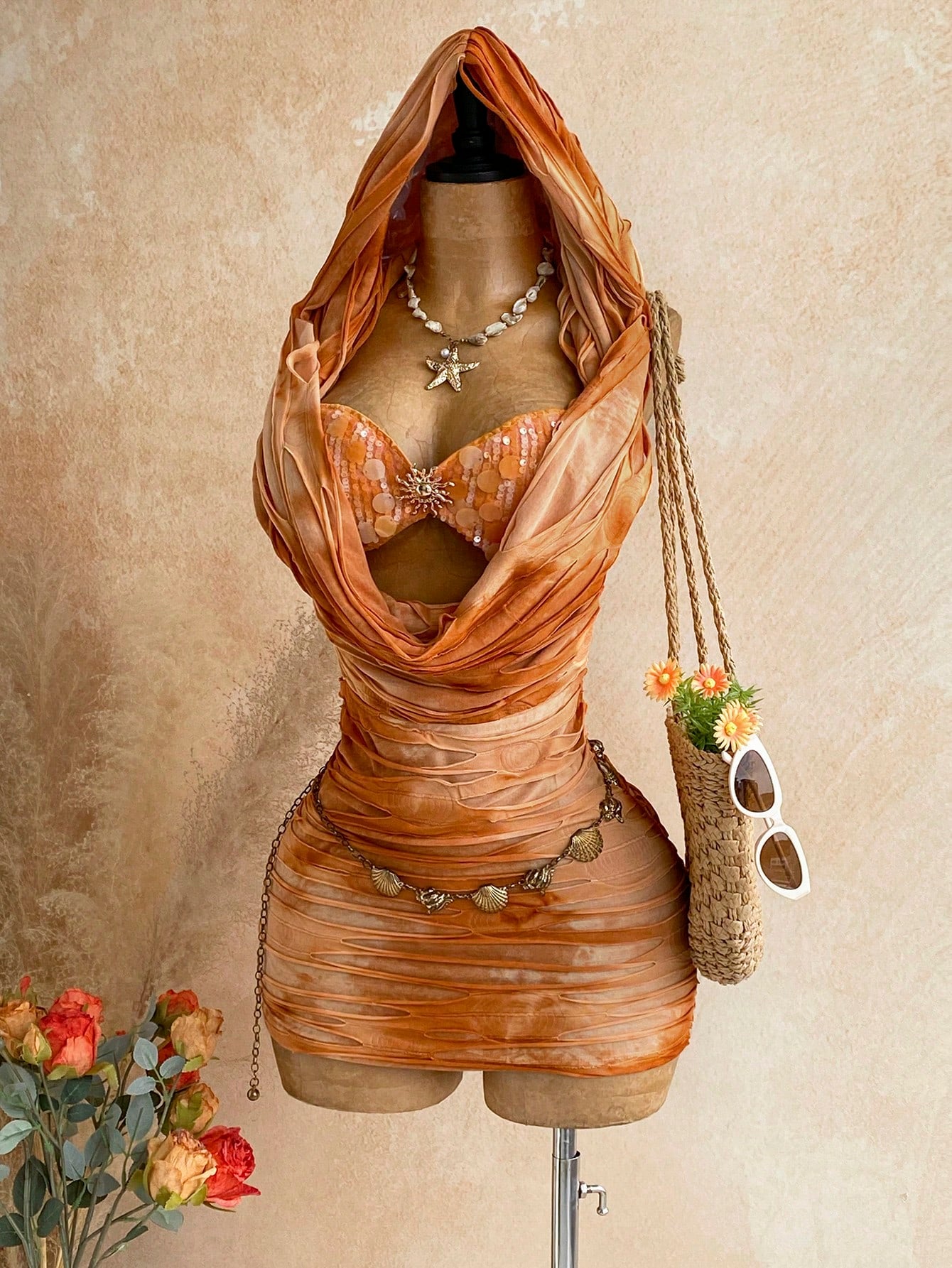 Soleia Women's Vacation Dress, Spring/Summer Romantic Sexy Vintage Music Festival Party Sequin Cowl Neck Hooded Sequin Bustier Mini Dress, Tropical Vacation, Date, Afternoon Tea, Beach, Cruise, Road T