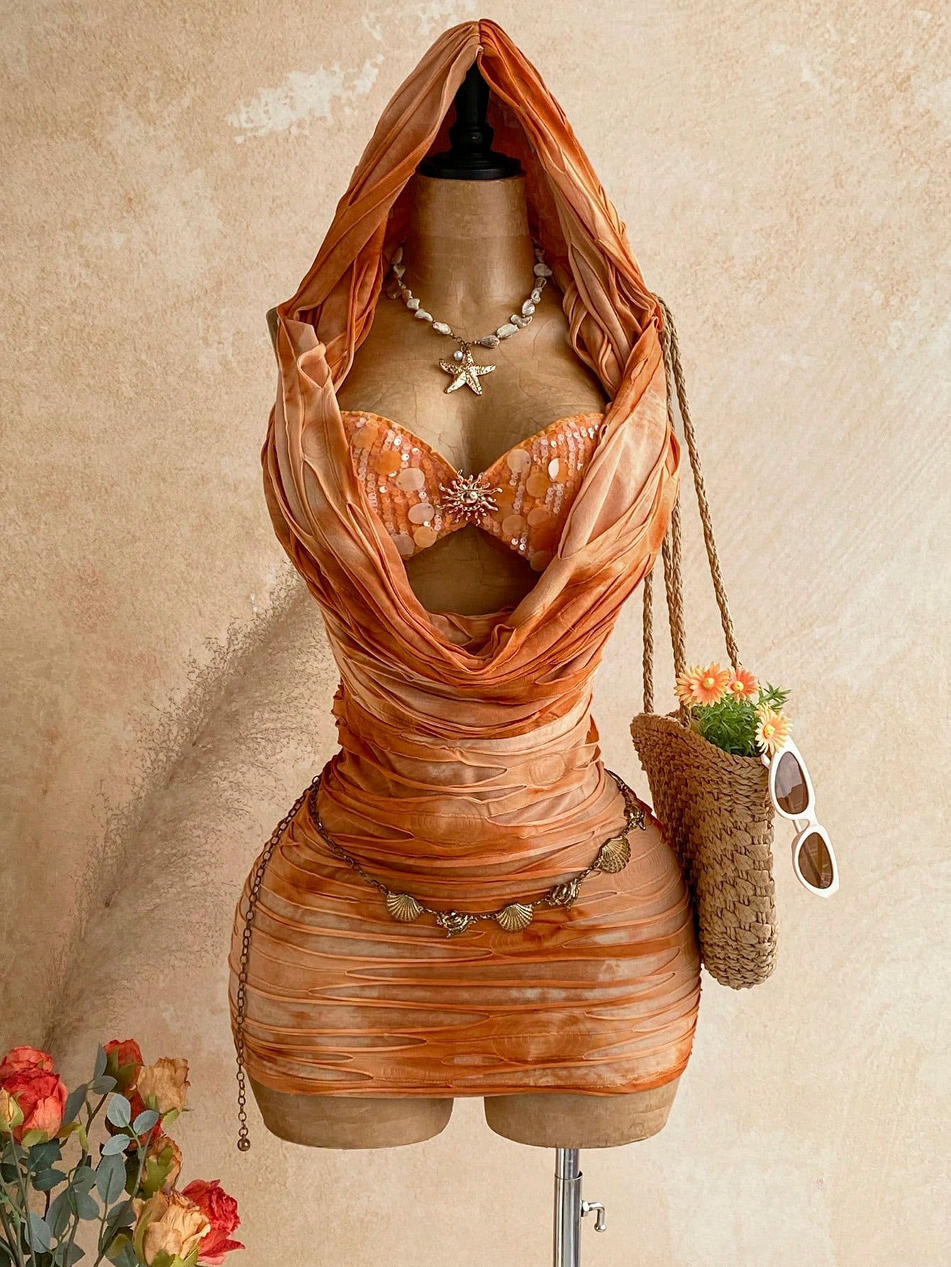 Soleia Women's Vacation Dress, Spring/Summer Romantic Sexy Vintage Music Festival Party Sequin Cowl Neck Hooded Sequin Bustier Mini Dress, Tropical Vacation, Date, Afternoon Tea, Beach, Cruise, Road T