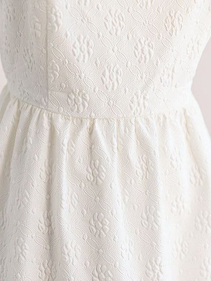 Soleia Women's White Elegant Floral Jacquard Summer Mini Dress With Cap Sleeve,Open Back,Bowknot Design For Tea Party,Vacation,Graduation,Backless Dress