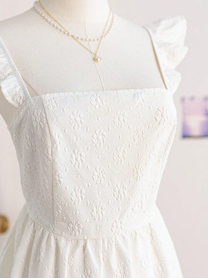 Soleia Women's White Elegant Floral Jacquard Summer Mini Dress With Cap Sleeve,Open Back,Bowknot Design For Tea Party,Vacation,Graduation,Backless Dress