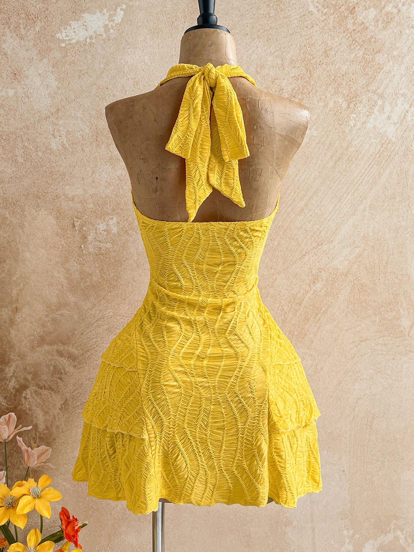 Soleia Women's Yellow Boho Mini Dress, V-Neck Sunflower Decor Halter Tie Backless Multilayer Ruffle Dress,Holiday Vacation Outfits For Beach No Chest Padding