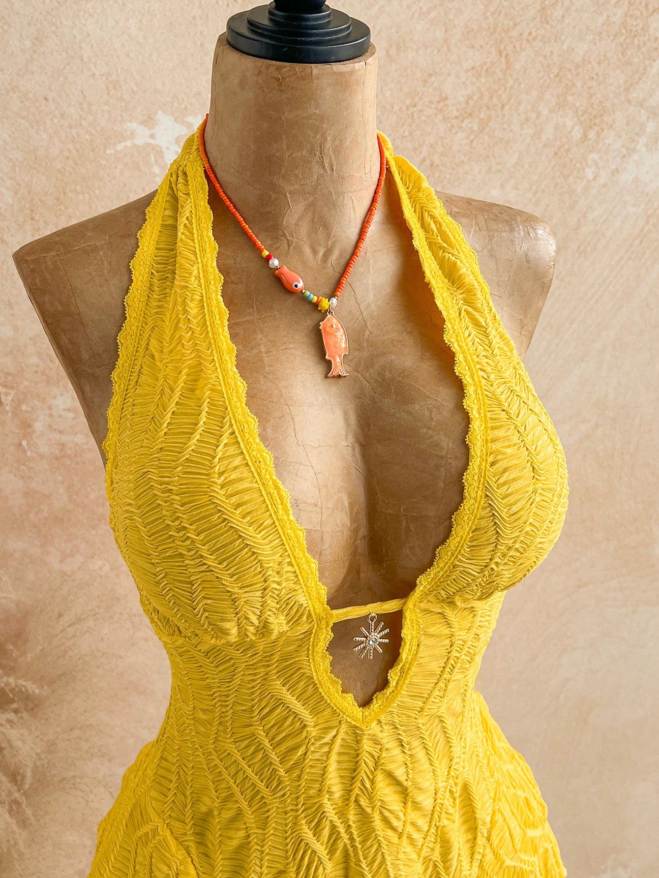 Soleia Women's Yellow Boho Mini Dress, V-Neck Sunflower Decor Halter Tie Backless Multilayer Ruffle Dress,Holiday Vacation Outfits For Beach No Chest Padding
