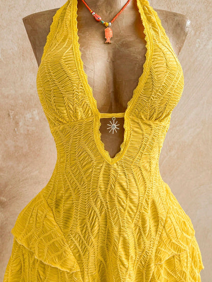 Soleia Women's Yellow Boho Mini Dress, V-Neck Sunflower Decor Halter Tie Backless Multilayer Ruffle Dress,Holiday Vacation Outfits For Beach No Chest Padding
