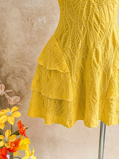 Soleia Women's Yellow Boho Mini Dress, V-Neck Sunflower Decor Halter Tie Backless Multilayer Ruffle Dress,Holiday Vacation Outfits For Beach No Chest Padding