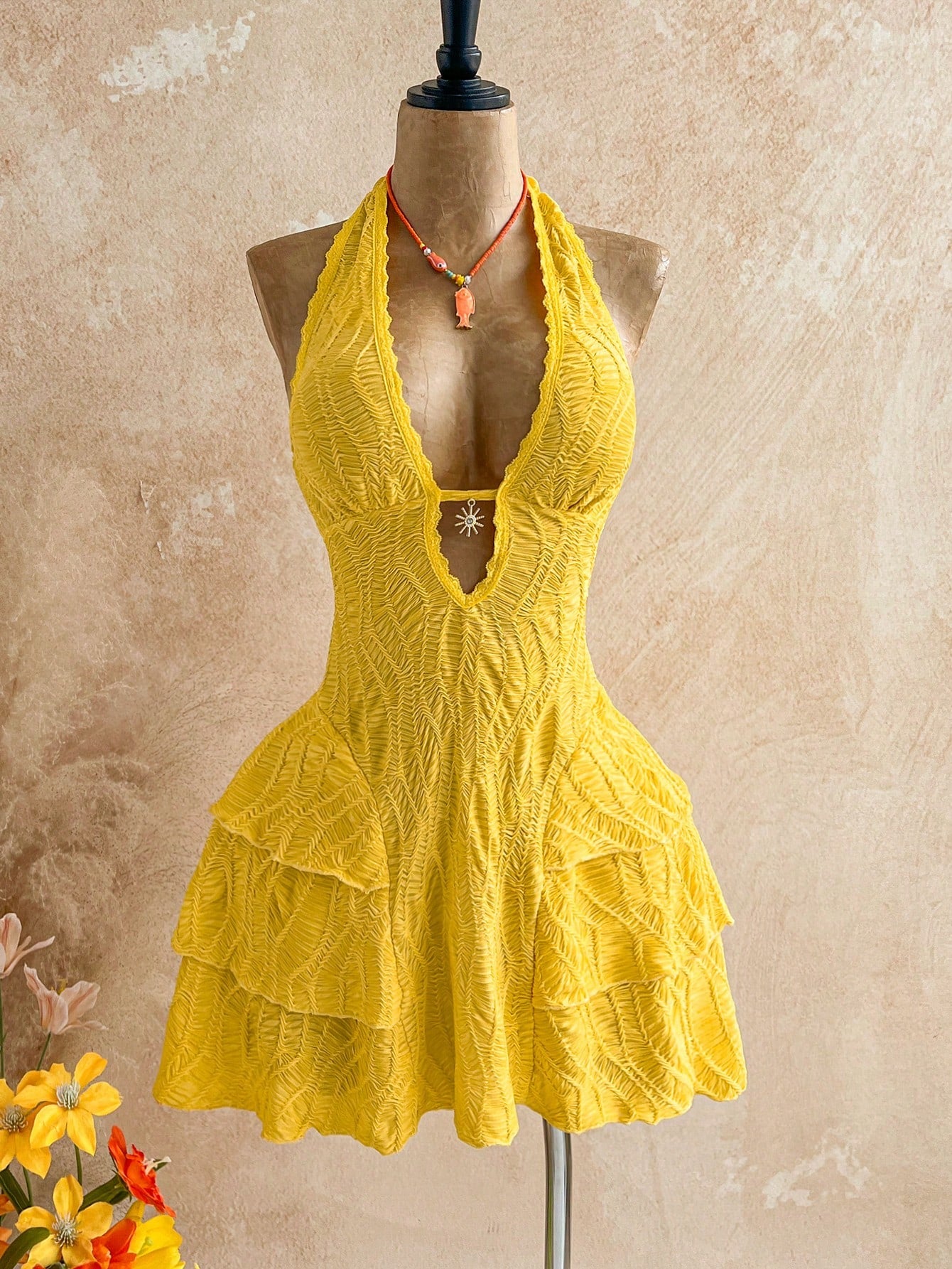 Soleia Women's Yellow Boho Mini Dress, V-Neck Sunflower Decor Halter Tie Backless Multilayer Ruffle Dress,Holiday Vacation Outfits For Beach No Chest Padding