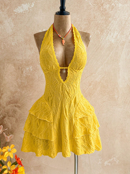 Soleia Women's Yellow Boho Mini Dress, V-Neck Sunflower Decor Halter Tie Backless Multilayer Ruffle Dress,Holiday Vacation Outfits For Beach No Chest Padding