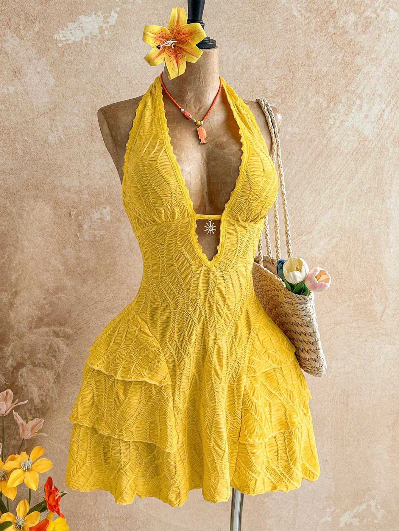Soleia Women's Yellow Boho Mini Dress, V-Neck Sunflower Decor Halter Tie Backless Multilayer Ruffle Dress,Holiday Vacation Outfits For Beach No Chest Padding