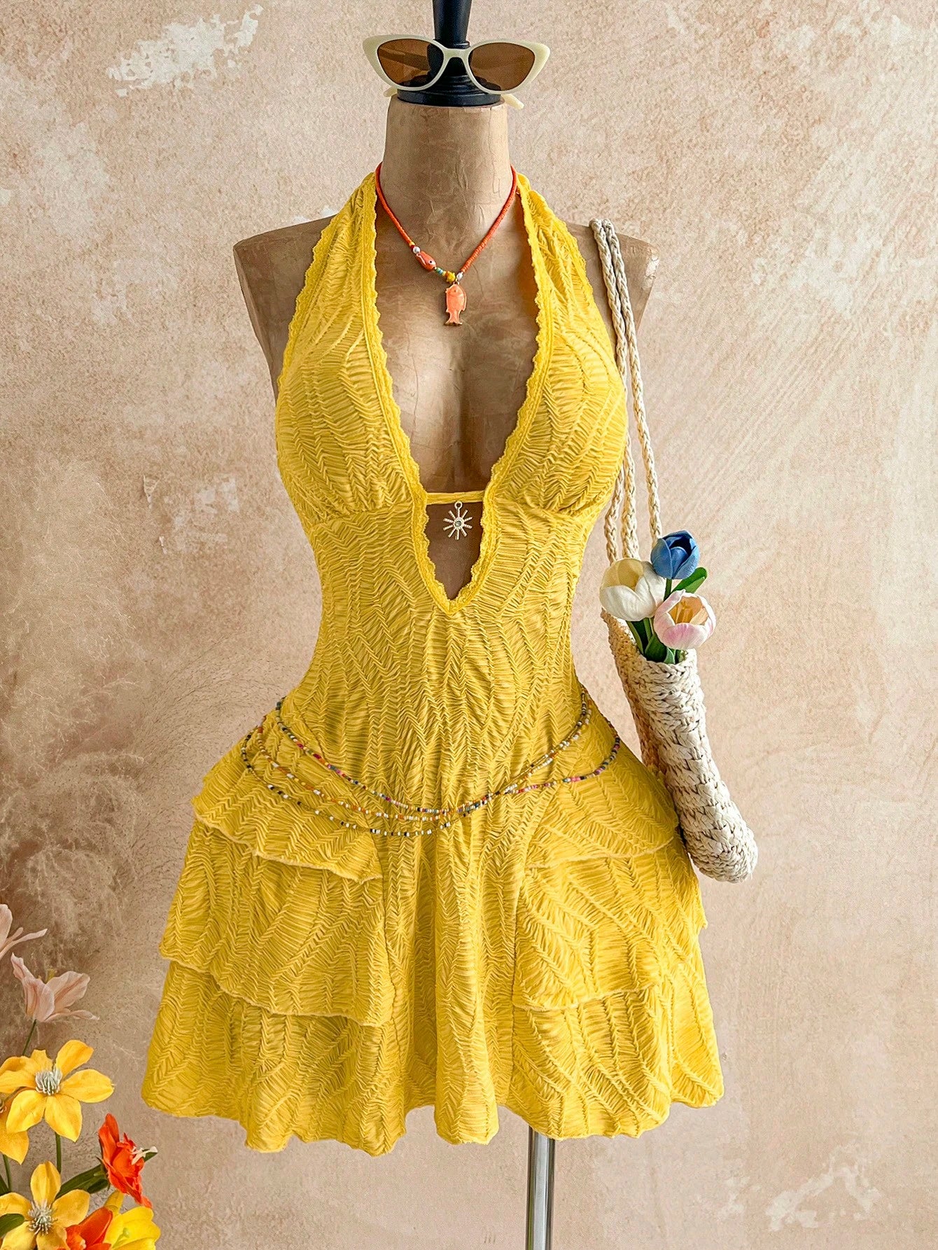 Soleia Women's Yellow Boho Mini Dress, V-Neck Sunflower Decor Halter Tie Backless Multilayer Ruffle Dress,Holiday Vacation Outfits For Beach No Chest Padding