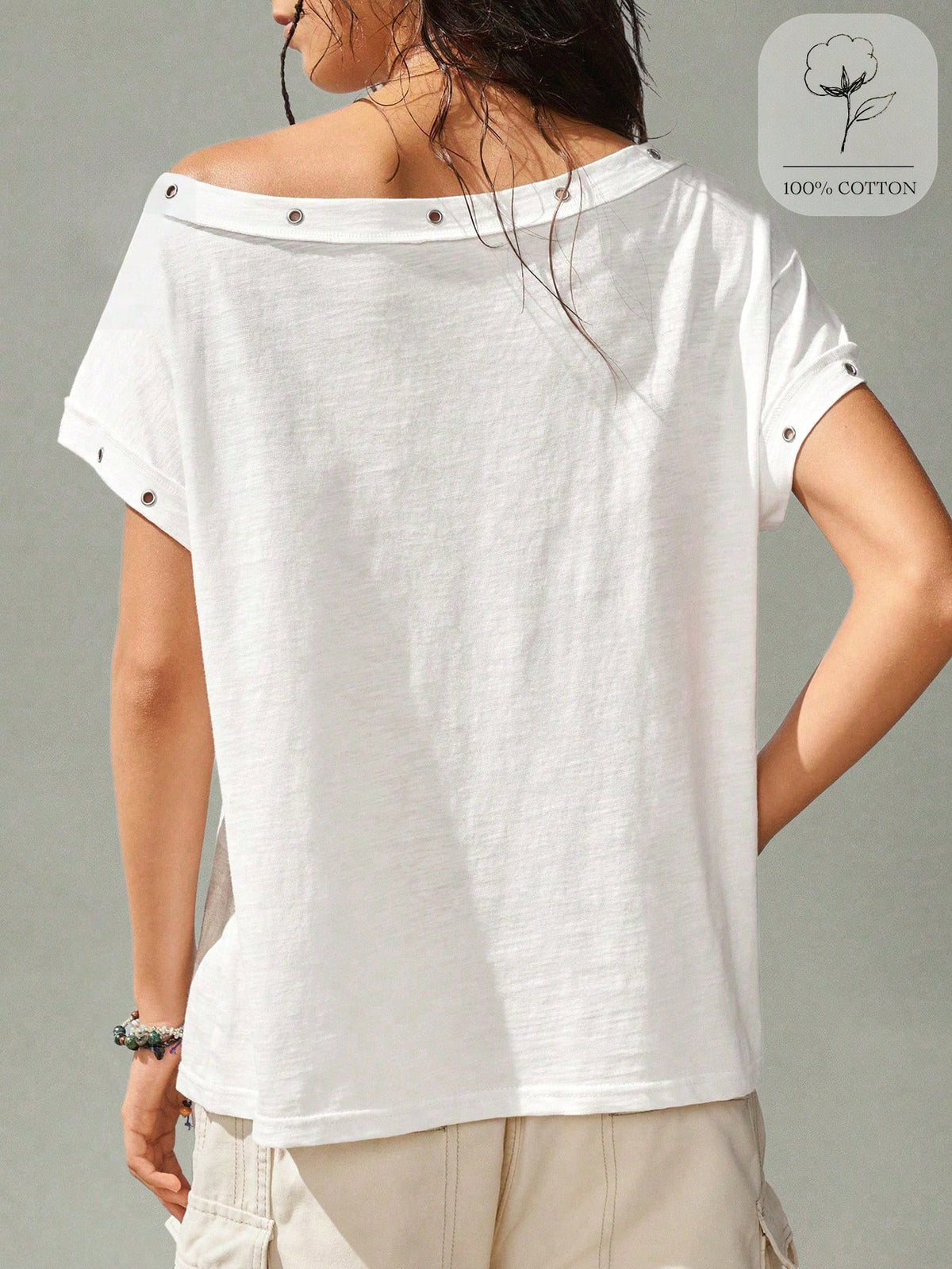 SoleilVie Women's Summer New Bohemian Casual White Asymmetric Neck Metal Buckle Short Sleeve Top, Made Of Textured Cotton Fabric, Featuring Asymmetric Neck Design, Metal Snap Button Decoration And Ruc
