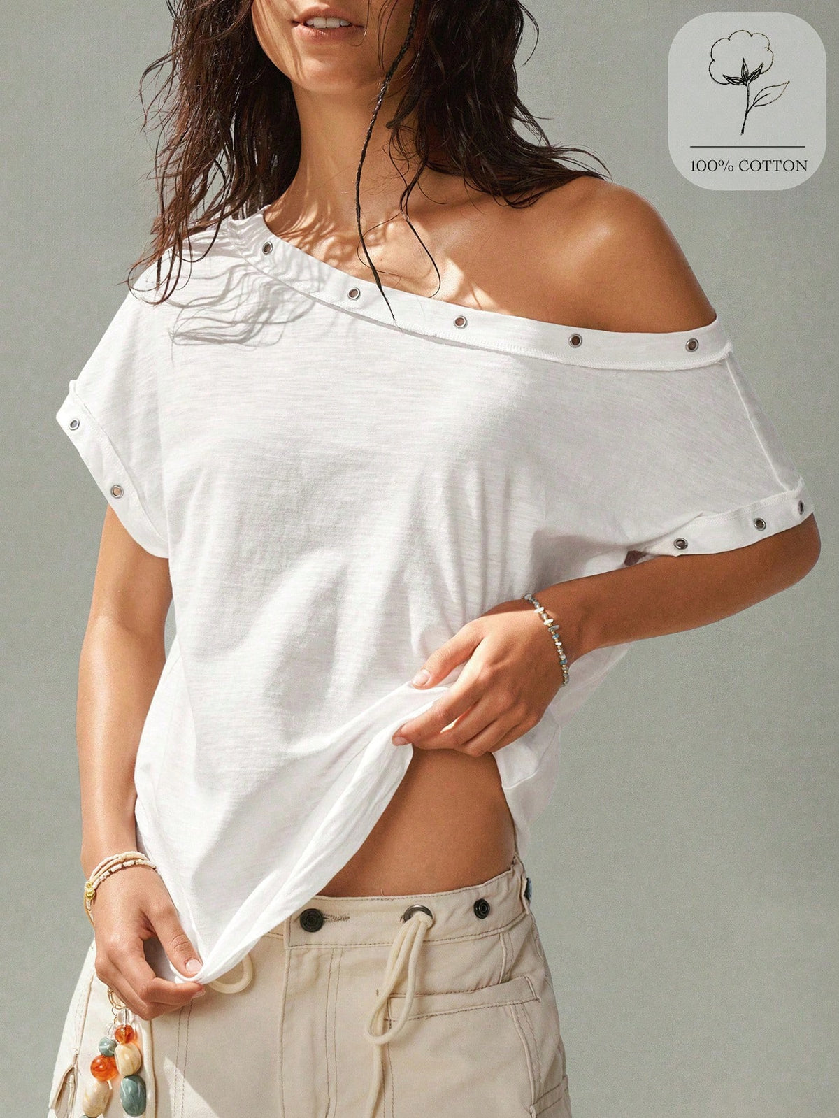 SoleilVie Women's Summer New Bohemian Casual White Asymmetric Neck Metal Buckle Short Sleeve Top, Made Of Textured Cotton Fabric, Featuring Asymmetric Neck Design, Metal Snap Button Decoration And Ruc