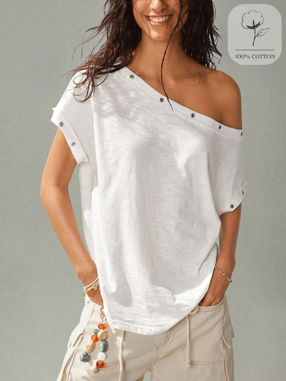 SoleilVie Women's Summer New Bohemian Casual White Asymmetric Neck Metal Buckle Short Sleeve Top, Made Of Textured Cotton Fabric, Featuring Asymmetric Neck Design, Metal Snap Button Decoration And Ruc