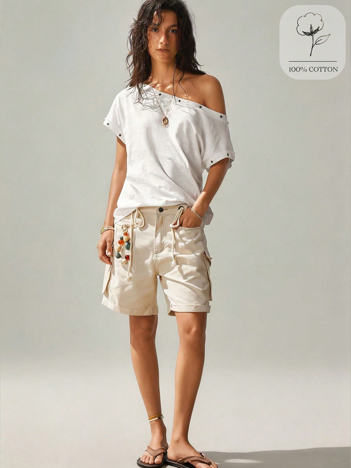 SoleilVie Women's Summer New Bohemian Casual White Asymmetric Neck Metal Buckle Short Sleeve Top, Made Of Textured Cotton Fabric, Featuring Asymmetric Neck Design, Metal Snap Button Decoration And Ruc