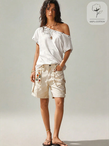 SoleilVie Women's Summer New Bohemian Casual White Asymmetric Neck Metal Buckle Short Sleeve Top, Made Of Textured Cotton Fabric, Featuring Asymmetric Neck Design, Metal Snap Button Decoration And Ruc