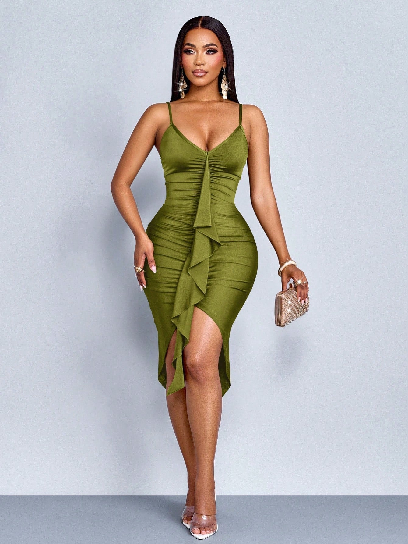 SOLERSUN Elegant Women's Front Pleated Slim Dress, Ruffle Decoration, Mid-Length Dress