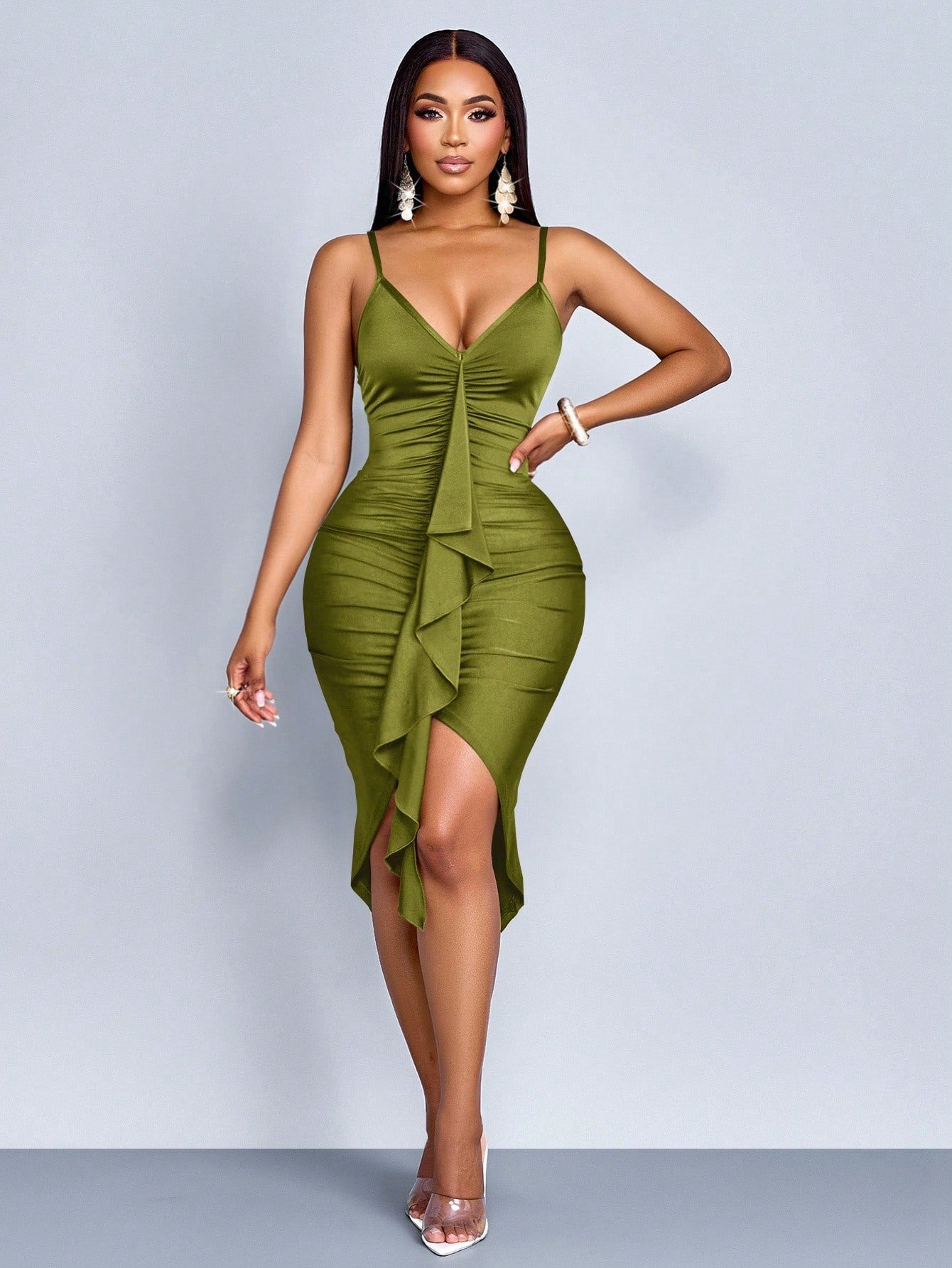 SOLERSUN Elegant Women's Front Pleated Slim Dress, Ruffle Decoration, Mid-Length Dress