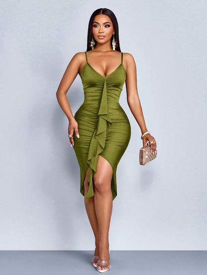 SOLERSUN Elegant Women's Front Pleated Slim Dress, Ruffle Decoration, Mid-Length Dress
