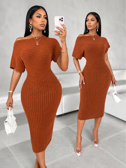 SOLERSUN Solid Asymmetrical Shoulder Texture Fabric Dress