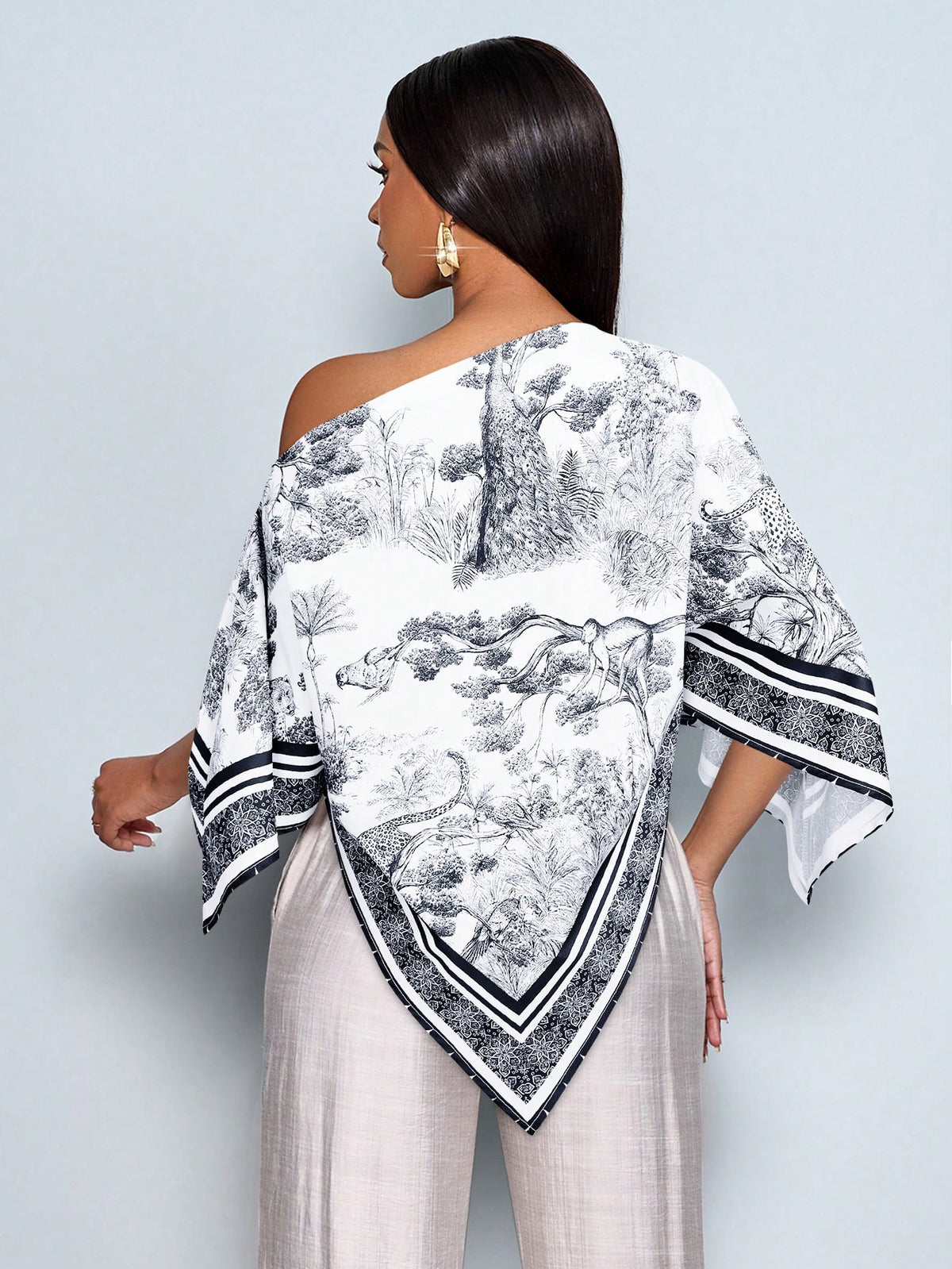 SOLERSUN Women's Black And White Elegant Tea Party Blouse,Vintage Sunset Holiday Print Asymmetric Neck Batwing Sleeve Asymmetrical Hem Tops,Summer Versatile