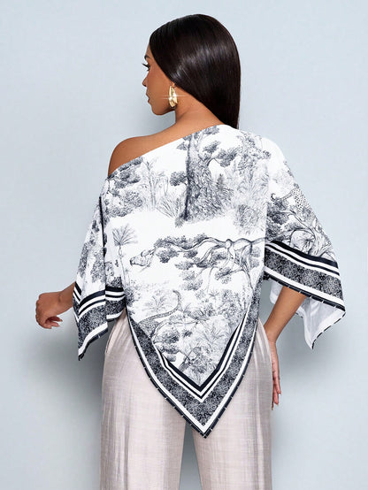 SOLERSUN Women's Black And White Elegant Tea Party Blouse,Vintage Sunset Holiday Print Asymmetric Neck Batwing Sleeve Asymmetrical Hem Tops,Summer Versatile
