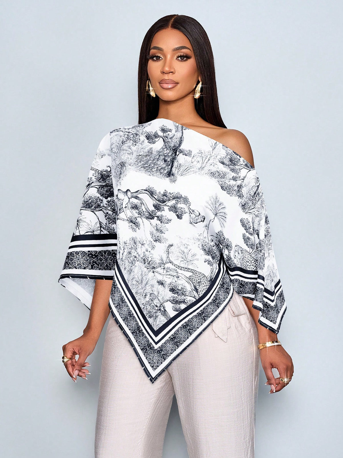 SOLERSUN Women's Black And White Elegant Tea Party Blouse,Vintage Sunset Holiday Print Asymmetric Neck Batwing Sleeve Asymmetrical Hem Tops,Summer Versatile