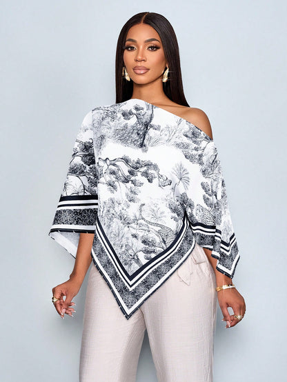 SOLERSUN Women's Black And White Elegant Tea Party Blouse,Vintage Sunset Holiday Print Asymmetric Neck Batwing Sleeve Asymmetrical Hem Tops,Summer Versatile