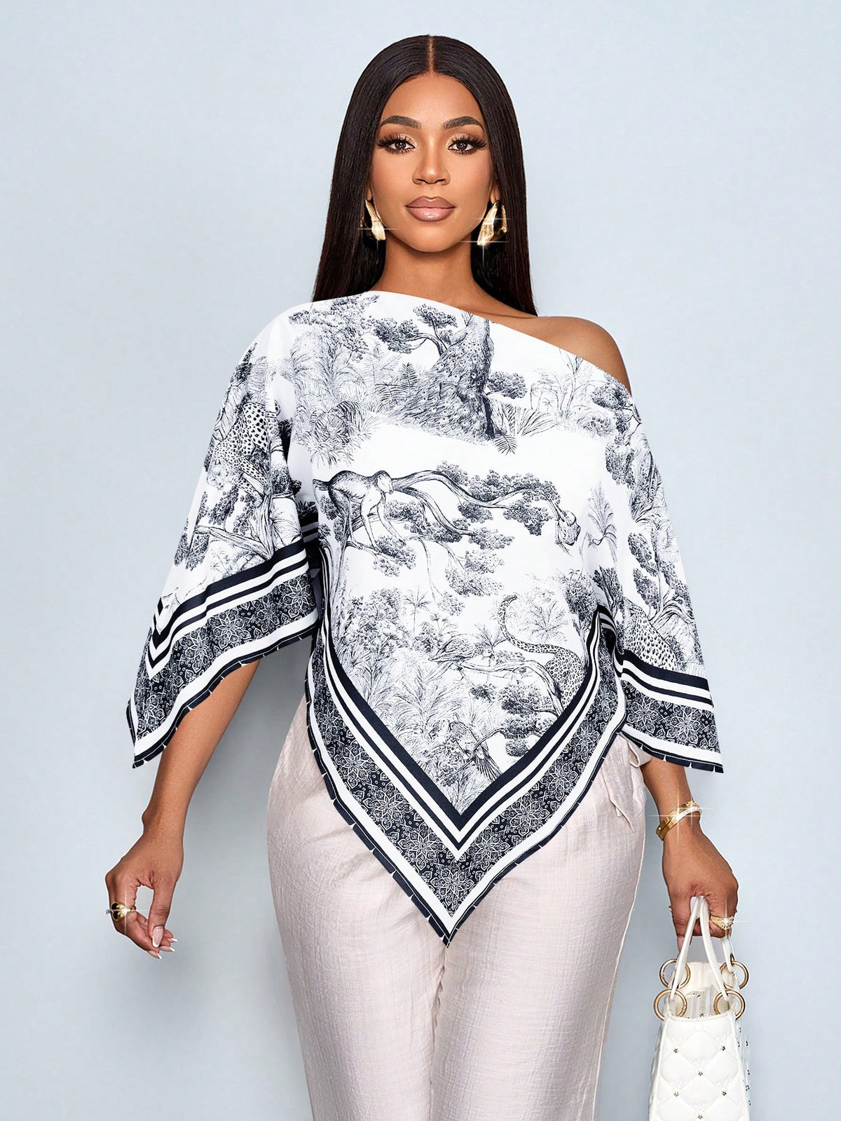 SOLERSUN Women's Black And White Elegant Tea Party Blouse,Vintage Sunset Holiday Print Asymmetric Neck Batwing Sleeve Asymmetrical Hem Tops,Summer Versatile
