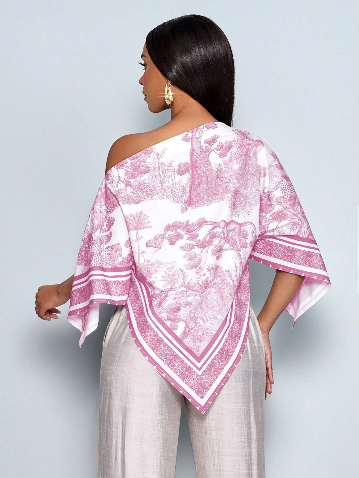 SOLERSUN Women's Black And White Elegant Tea Party Blouse,Vintage Sunset Holiday Print Asymmetric Neck Batwing Sleeve Asymmetrical Hem Tops,Summer Versatile