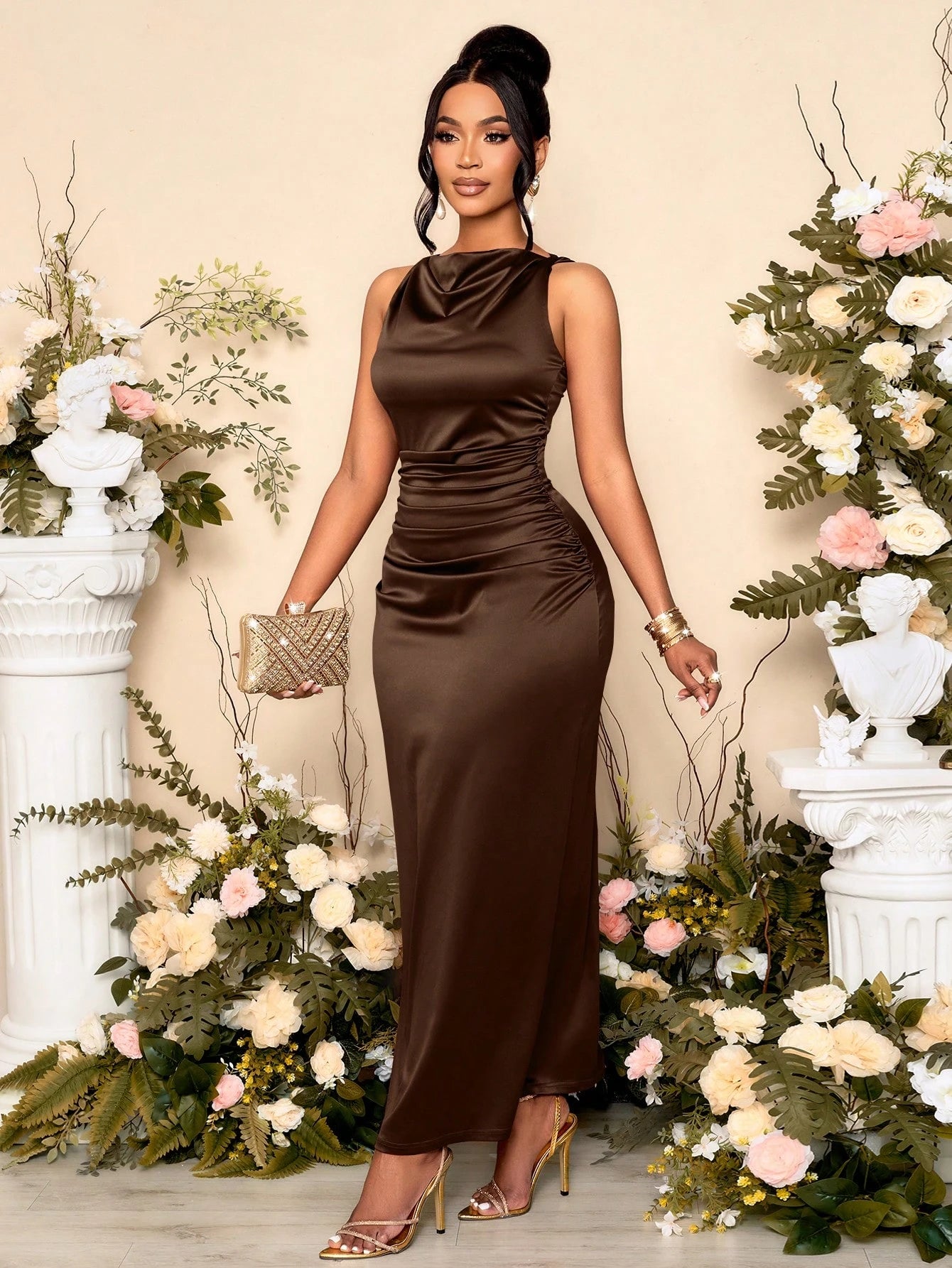 SOLERSUN Women's Elegant Solid Color Drape Neck Ruched Sleeveless Party Dress,Perfect For Banquets