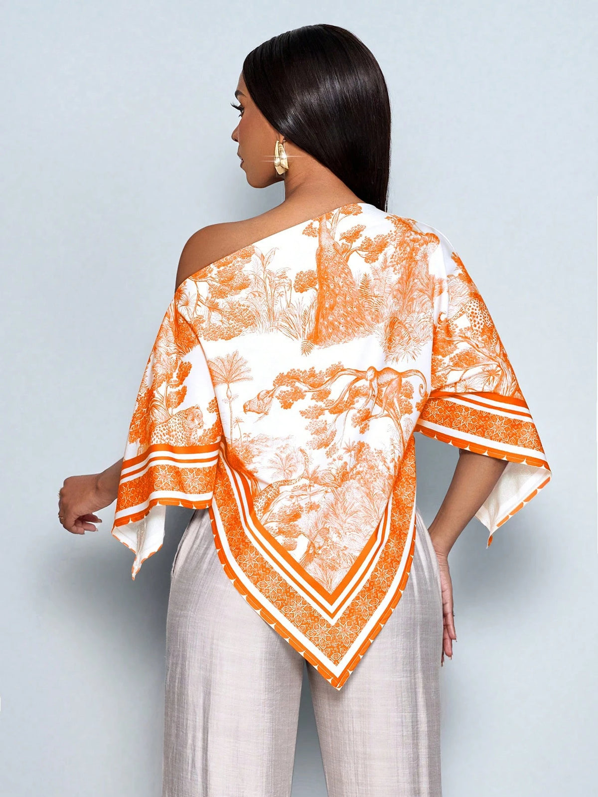 SOLERSUN Women's Orange And White Elegant Holiday Vacation,Summer Vintage Sunset Print Asymmetric Neck Batwing Sleeve Loose Blouse,Fashionable Casual Tops