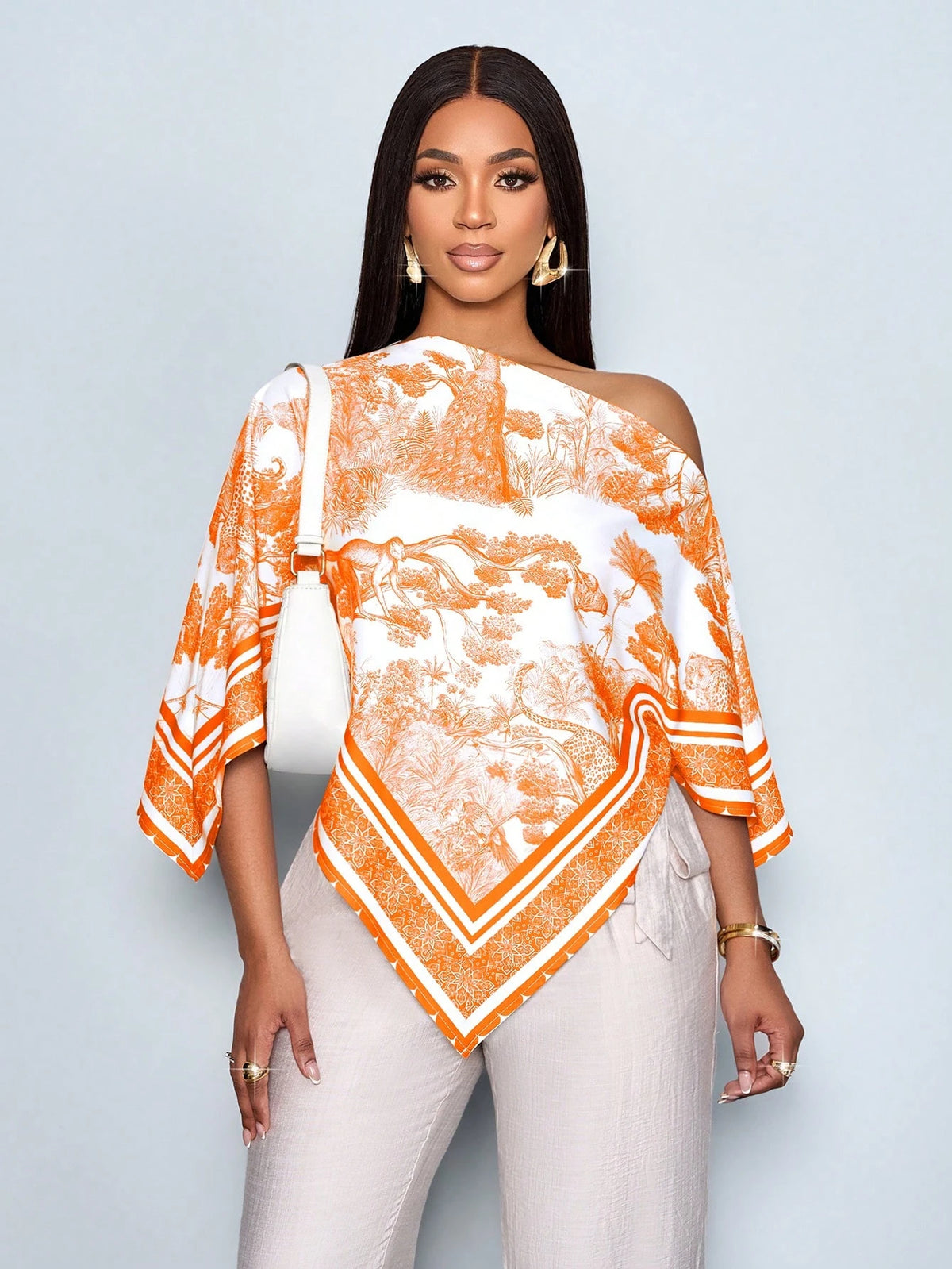 SOLERSUN Women's Orange And White Elegant Holiday Vacation,Summer Vintage Sunset Print Asymmetric Neck Batwing Sleeve Loose Blouse,Fashionable Casual Tops