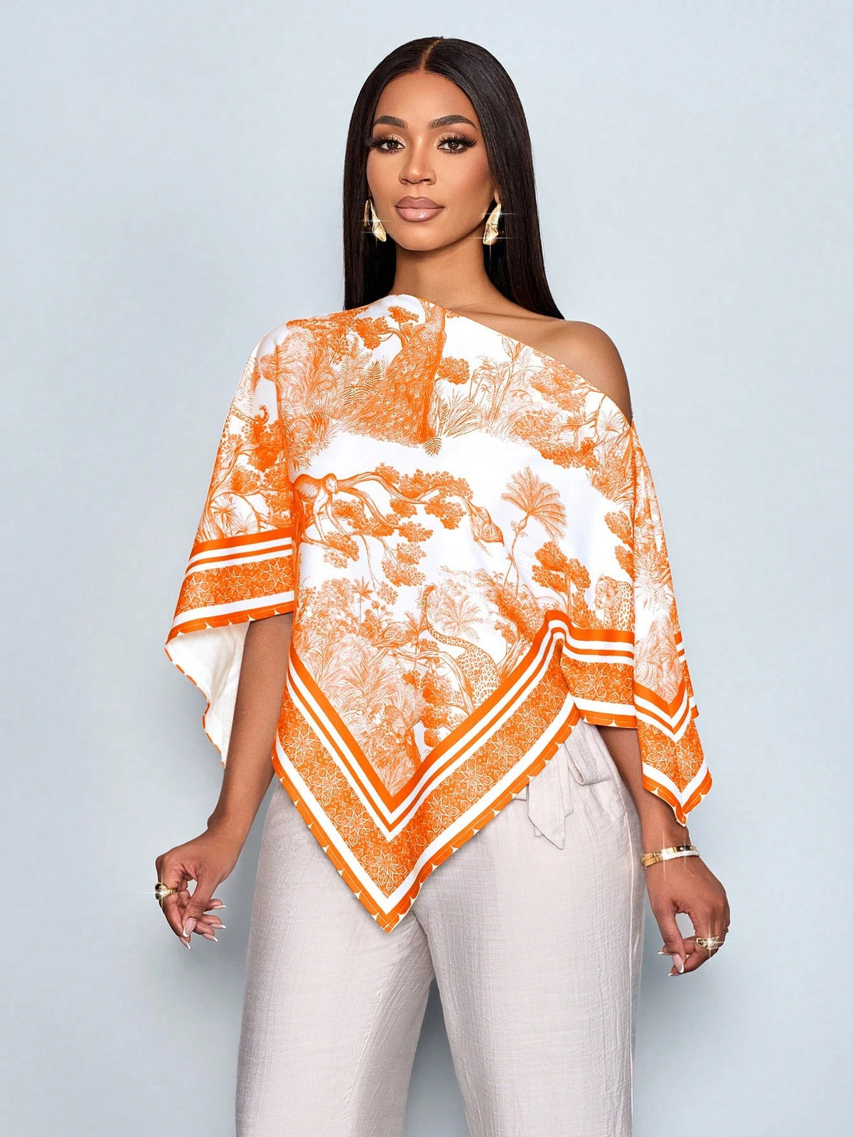 SOLERSUN Women's Orange And White Elegant Holiday Vacation,Summer Vintage Sunset Print Asymmetric Neck Batwing Sleeve Loose Blouse,Fashionable Casual Tops