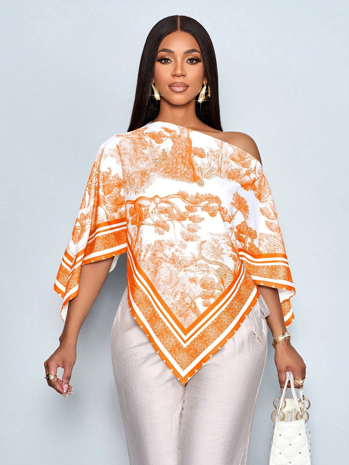 SOLERSUN Women's Orange And White Elegant Holiday Vacation,Summer Vintage Sunset Print Asymmetric Neck Batwing Sleeve Loose Blouse,Fashionable Casual Tops
