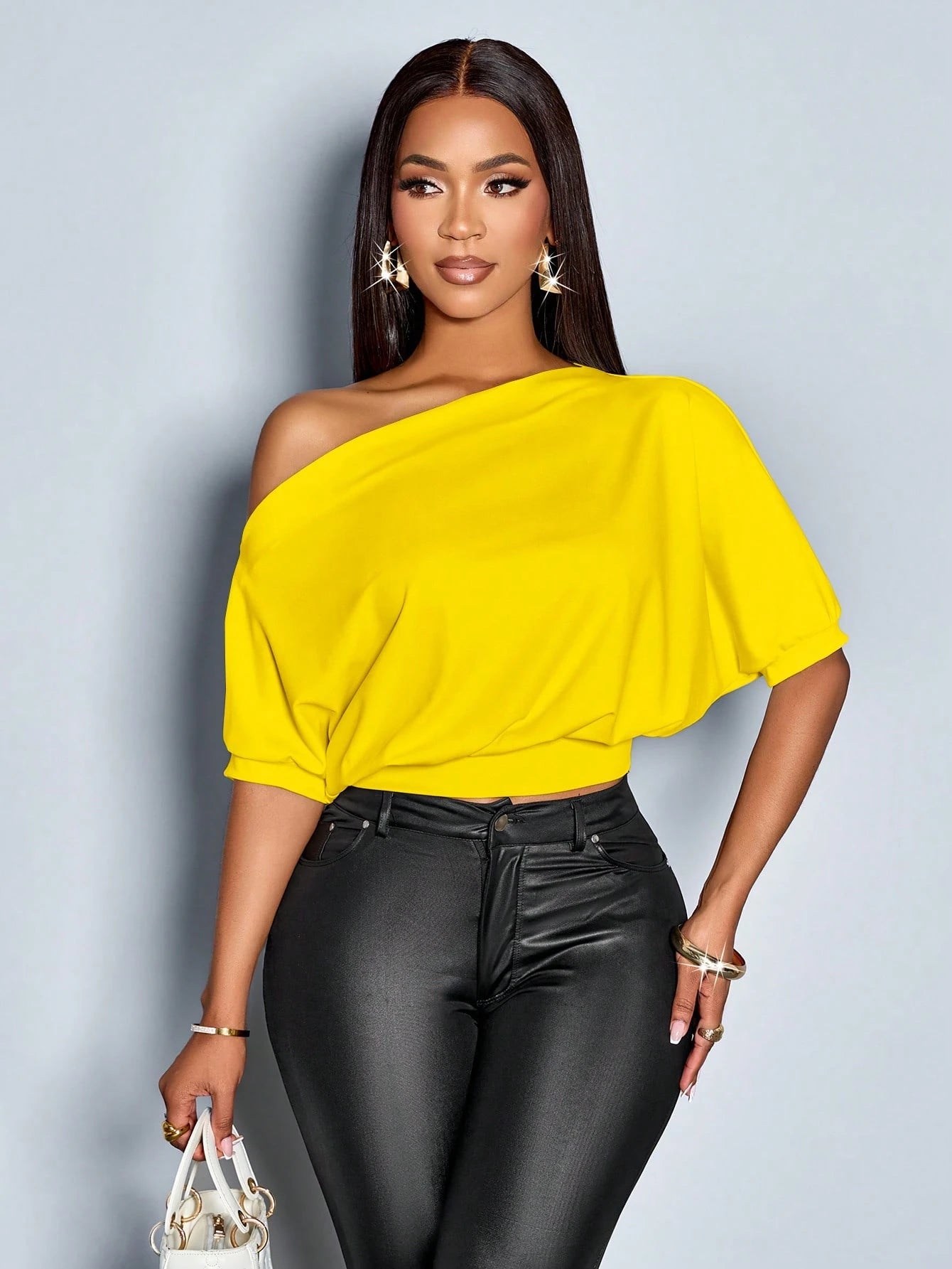 SOLERSUN Women's Solid Asymmetrical Neck Ruched Shoulder Tee