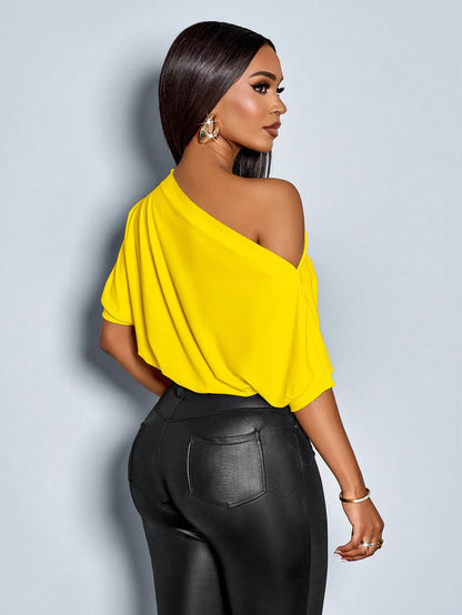 SOLERSUN Women's Solid Asymmetrical Neck Ruched Shoulder Tee