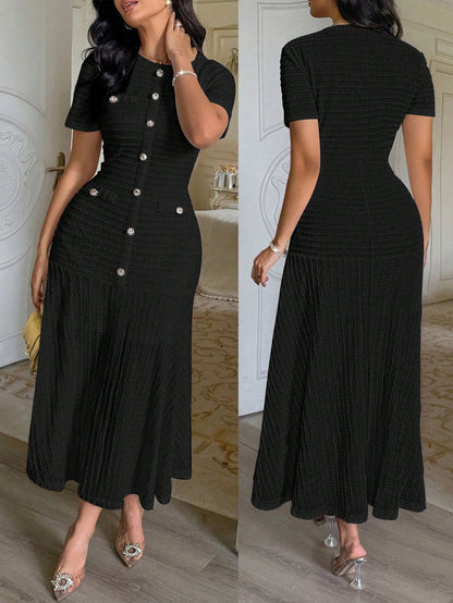 Solid Color Elegant Front Button Ruffle Hem Zipper Formal Evening Dress, Machine Washable Polyester Blend Black Summer