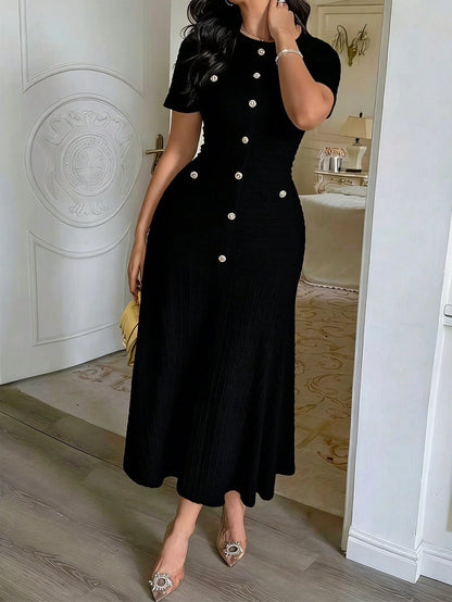 Solid Color Elegant Front Button Ruffle Hem Zipper Formal Evening Dress, Machine Washable Polyester Blend Black Summer