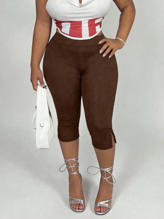 Solid Color Lightweight Cropped Leggings With Side Slit Hem, Suitable For Casual Outings And Dates In Summer And Spring Brown