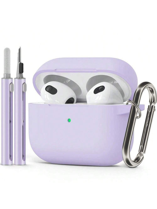 Solid Color Silicone 1pc Solid Color Silicone Bluetooth Earphone Protective Case With Carabiner Strap And Cleaning Brush Spring