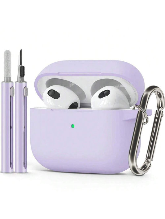 Solid Color Silicone 1pc Solid Color Silicone Bluetooth Earphone Protective Case With Carabiner Strap And Cleaning Brush Spring