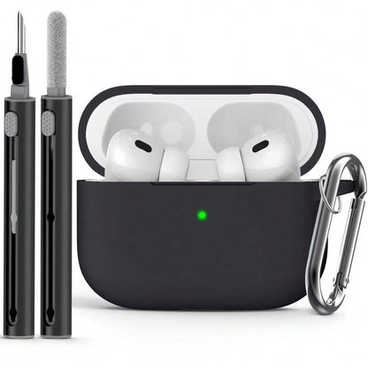 Solid Color Silicone 1pc Solid Color Silicone Bluetooth Earphone Protective Case With Carabiner Strap And Cleaning Brush Spring