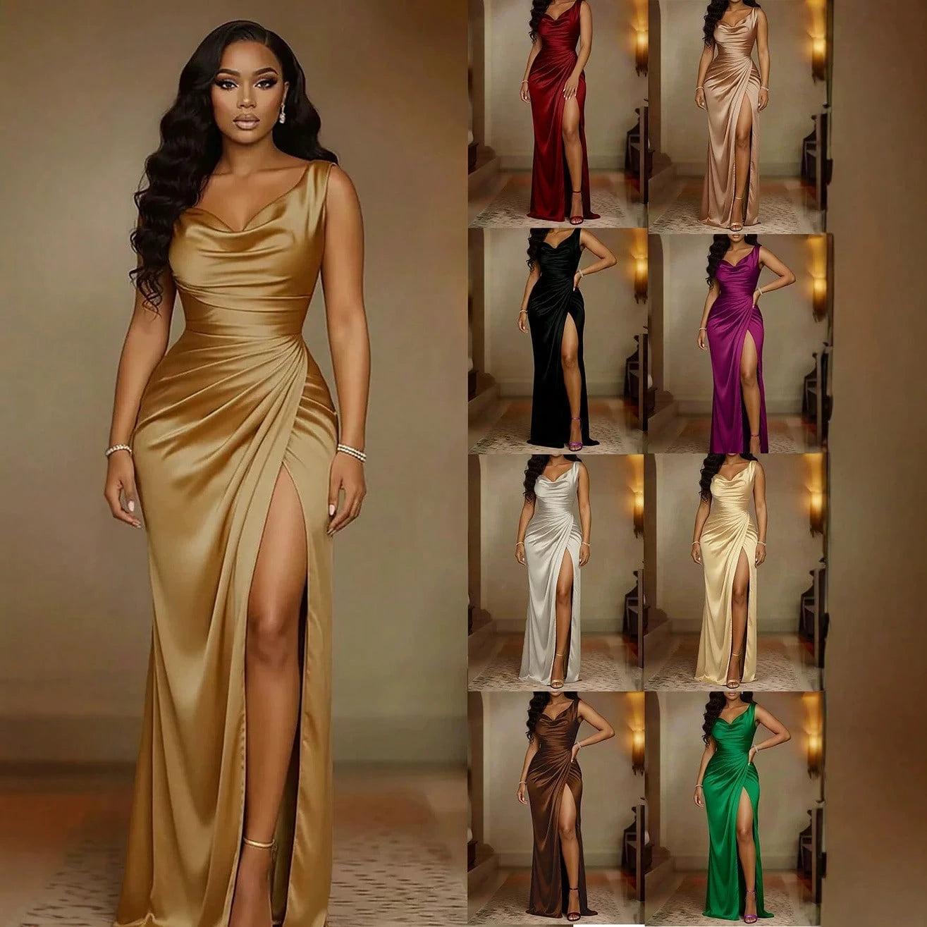 Solid Gloss Satin Maxi Gown Cowl Draped Neck Side Shirring High Slit Slim Fit Date Night Formal Outfit