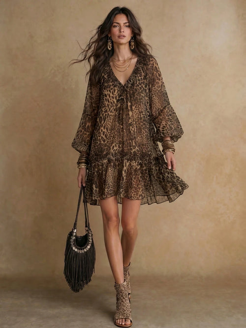 Solivie Women's V-Neck Leopard Print Pleated Casual Boho Party Vacation Midi Dress Dark Brown Autumn Leopard Print Ruffle Dress Vacation Outfits Women Autumn