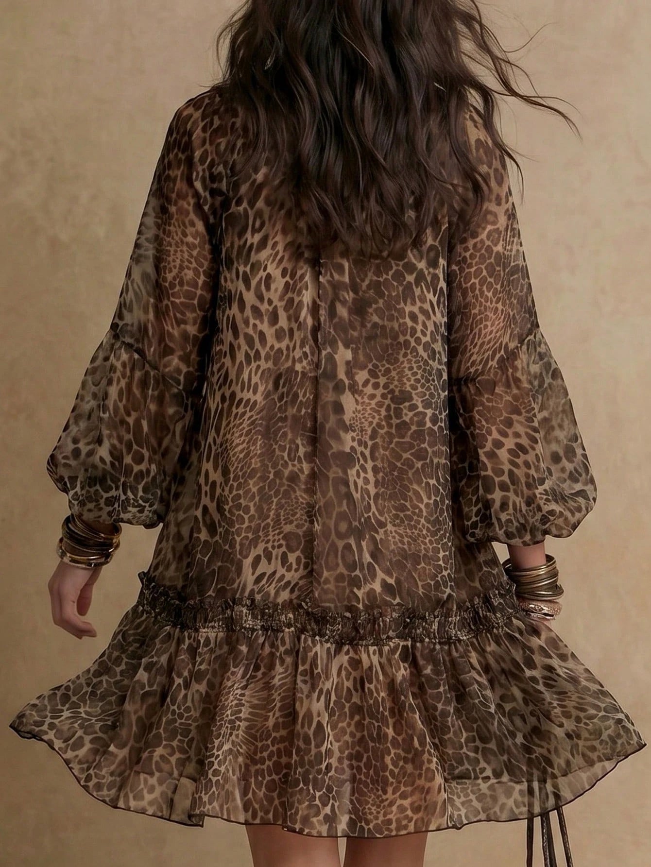Solivie Women's V-Neck Leopard Print Pleated Casual Boho Party Vacation Midi Dress Dark Brown Autumn Leopard Print Ruffle Dress Vacation Outfits Women Autumn