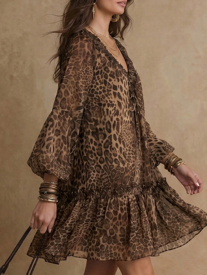 Solivie Women's V-Neck Leopard Print Pleated Casual Boho Party Vacation Midi Dress Dark Brown Autumn Leopard Print Ruffle Dress Vacation Outfits Women Autumn