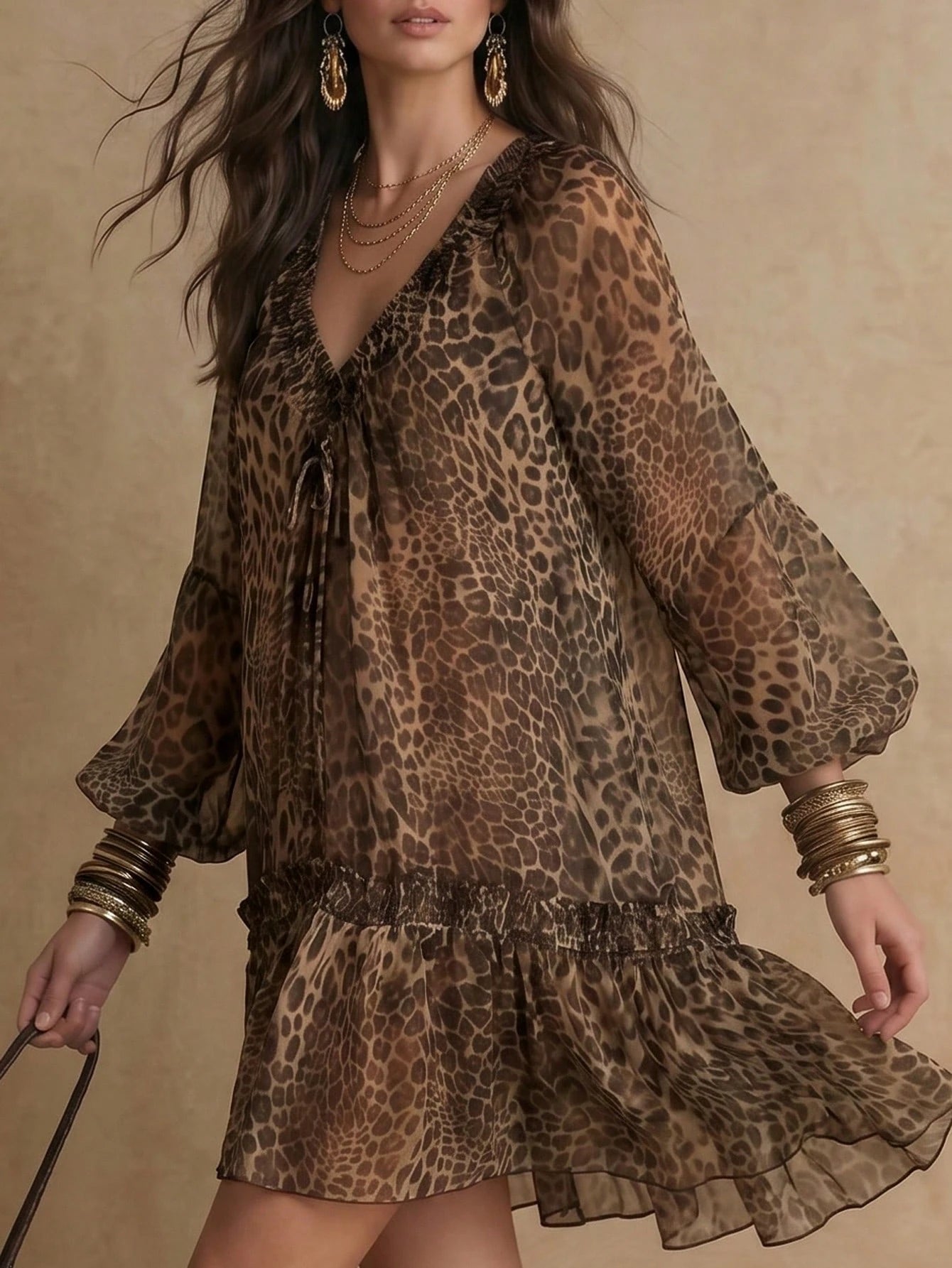 Solivie Women's V-Neck Leopard Print Pleated Casual Boho Party Vacation Midi Dress Dark Brown Autumn Leopard Print Ruffle Dress Vacation Outfits Women Autumn