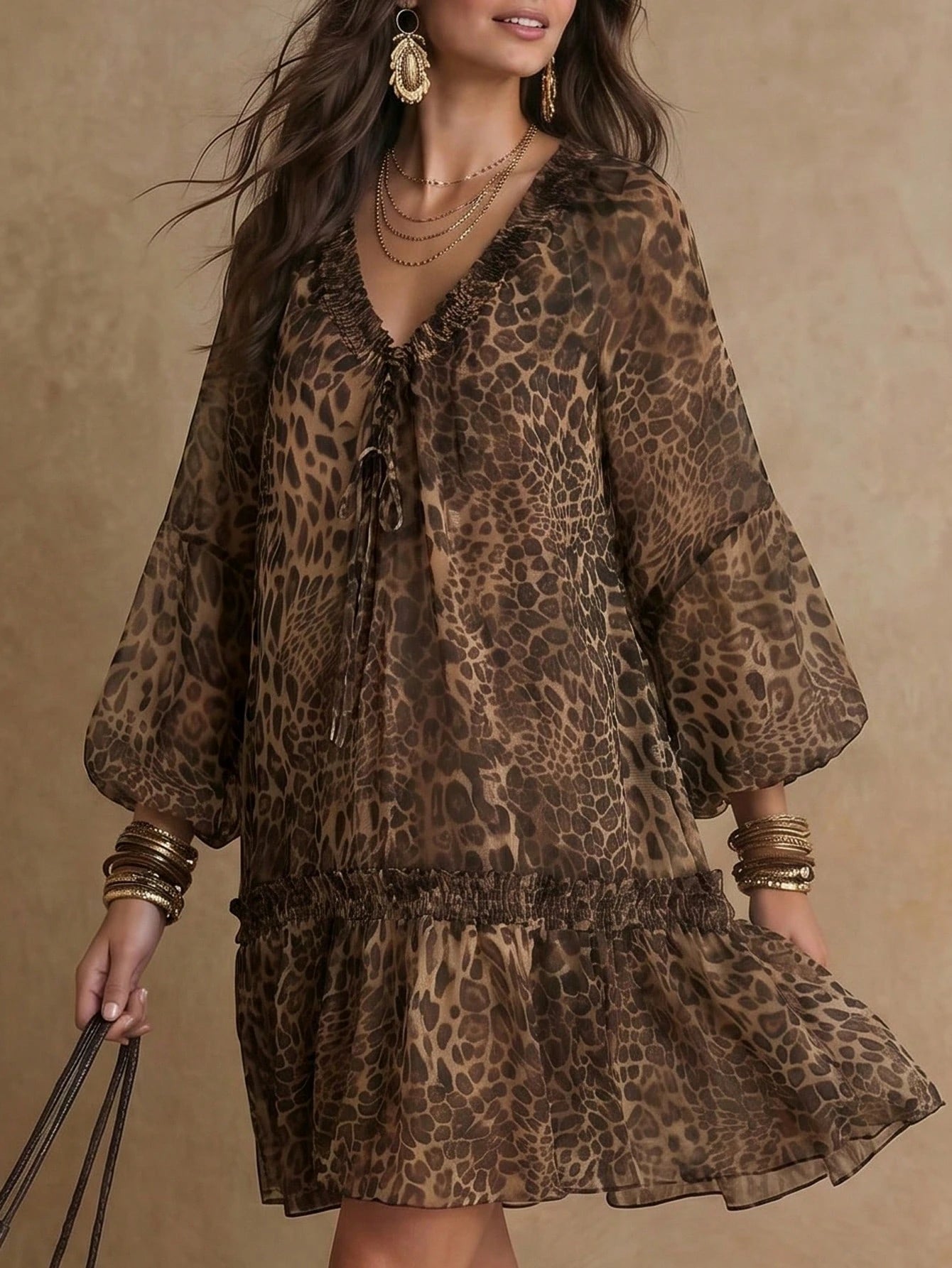 Solivie Women's V-Neck Leopard Print Pleated Casual Boho Party Vacation Midi Dress Dark Brown Autumn Leopard Print Ruffle Dress Vacation Outfits Women Autumn