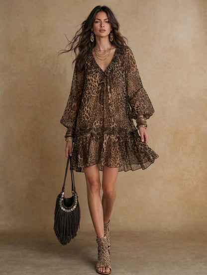 Solivie Women's V-Neck Leopard Print Pleated Casual Boho Party Vacation Midi Dress Dark Brown Autumn Leopard Print Ruffle Dress Vacation Outfits Women Autumn