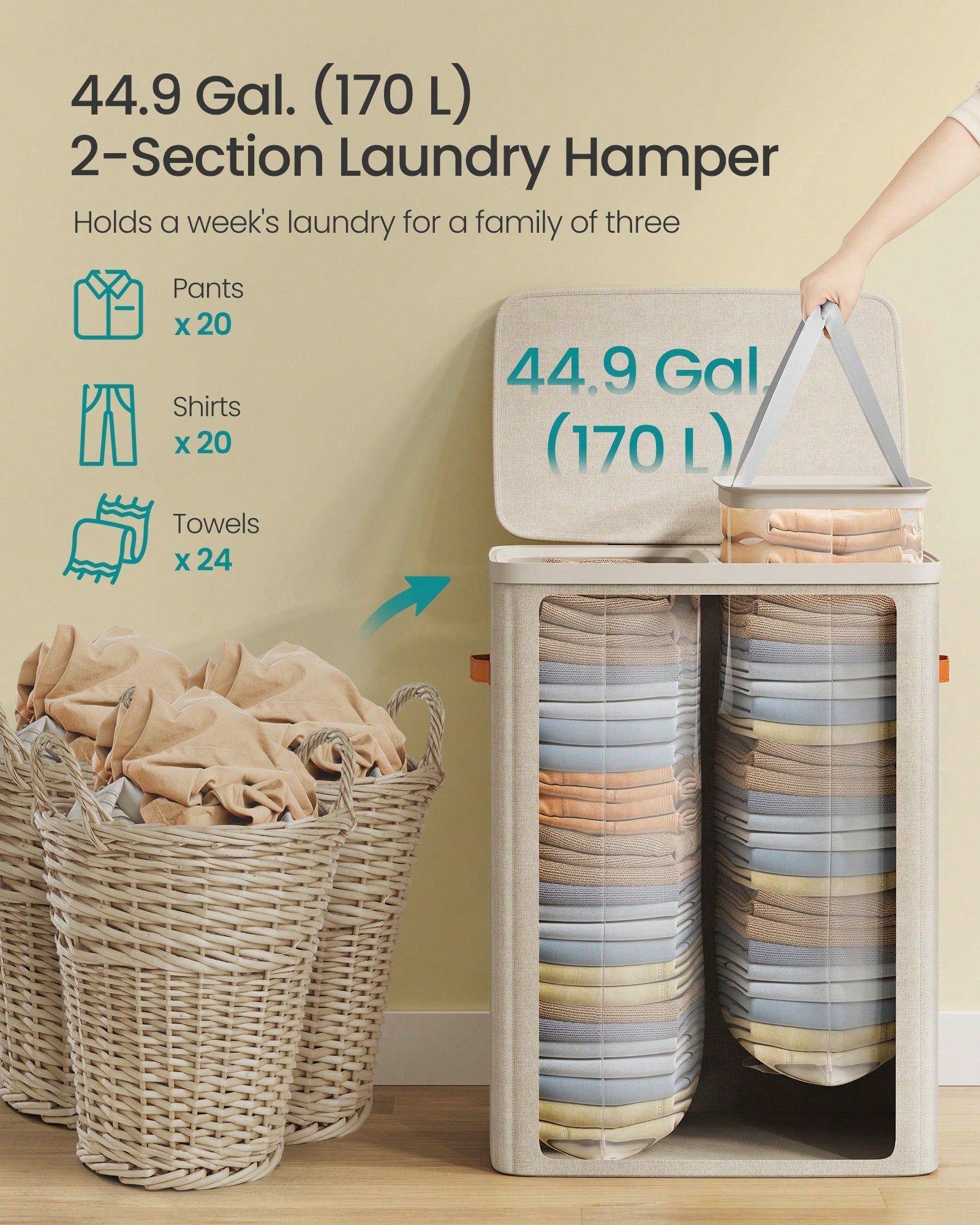 SONGMICS Laundry Basket, 44.9 Gal. Laundry Hamper, 2 Compartments, Easy Assembly, With Lid And Handles, Removable Inner Bags, 22 X 15.7 X 29.5 Inches