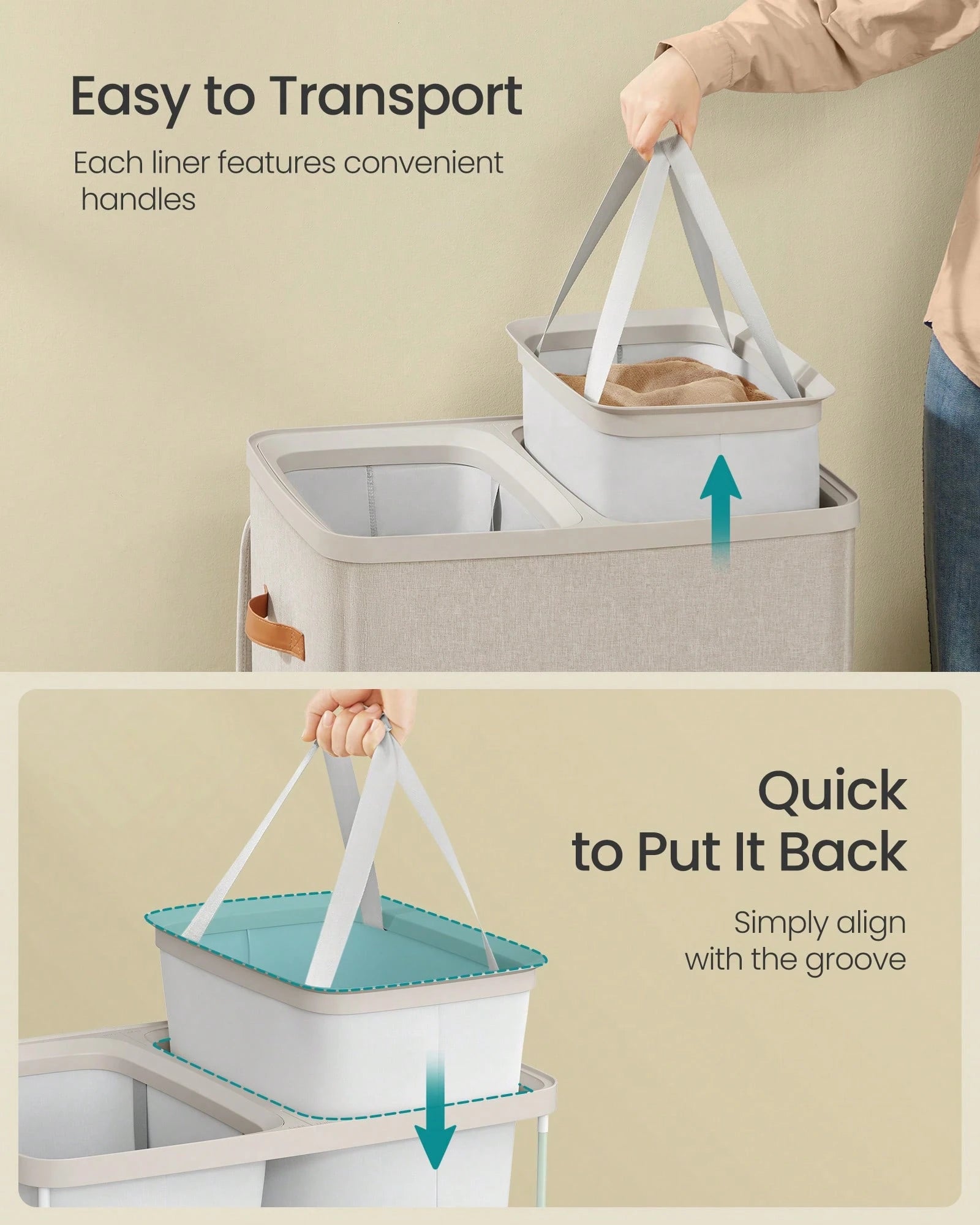 SONGMICS Laundry Basket, 44.9 Gal. Laundry Hamper, 2 Compartments, Easy Assembly, With Lid And Handles, Removable Inner Bags, 22 X 15.7 X 29.5 Inches